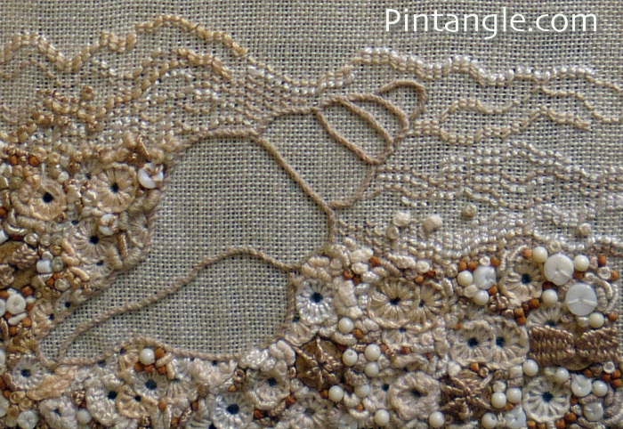 seashell section on encrusted embroidery sampler