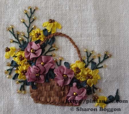 Silk ribbon embroidery sampler of a basket of flowers