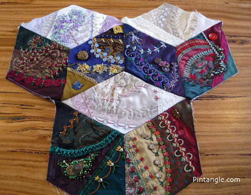 Assembling a crazy quilt tumbling blocks together