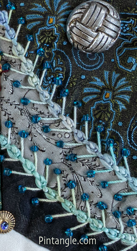 Crazy quilt stitch along Tumbling Block 14 2nd dark toned diamond detail 2