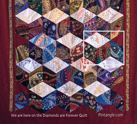 placement of Crazy quilt stitch along Tumbling Block 14