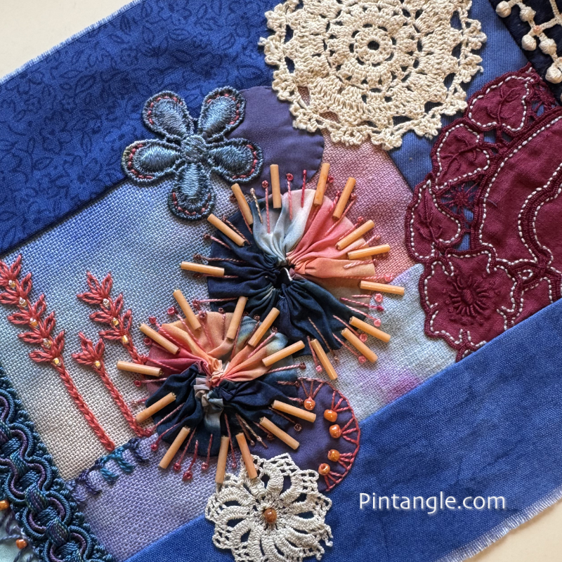 Blue and Mauve slow stitch rill in progress 1