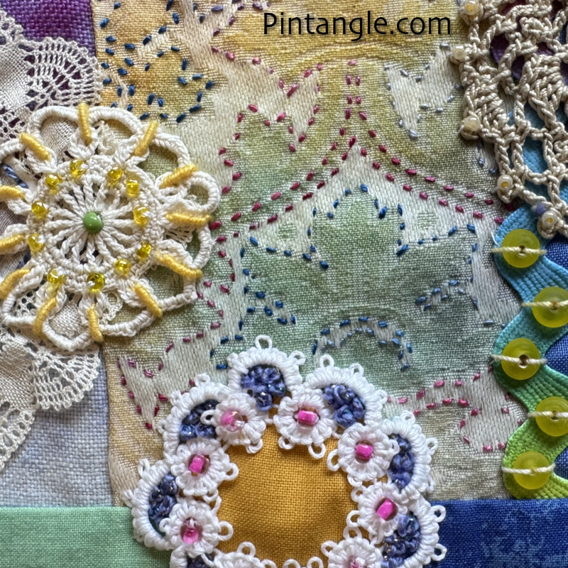 A detail of my Blue and Mauve slow stitch roll