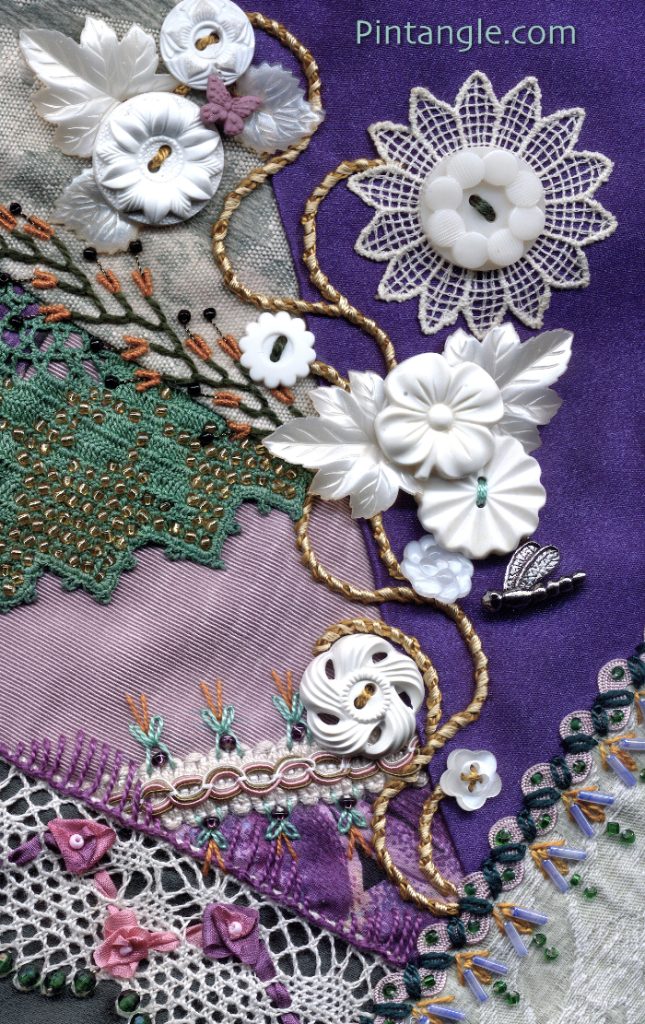 Feature Buttons demonstrating the idea for embellishing crazy quilt block