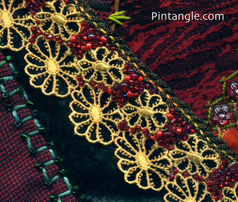 Embroidered and beaded lace demonstrating the idea for embellishing crazy quilt blocks