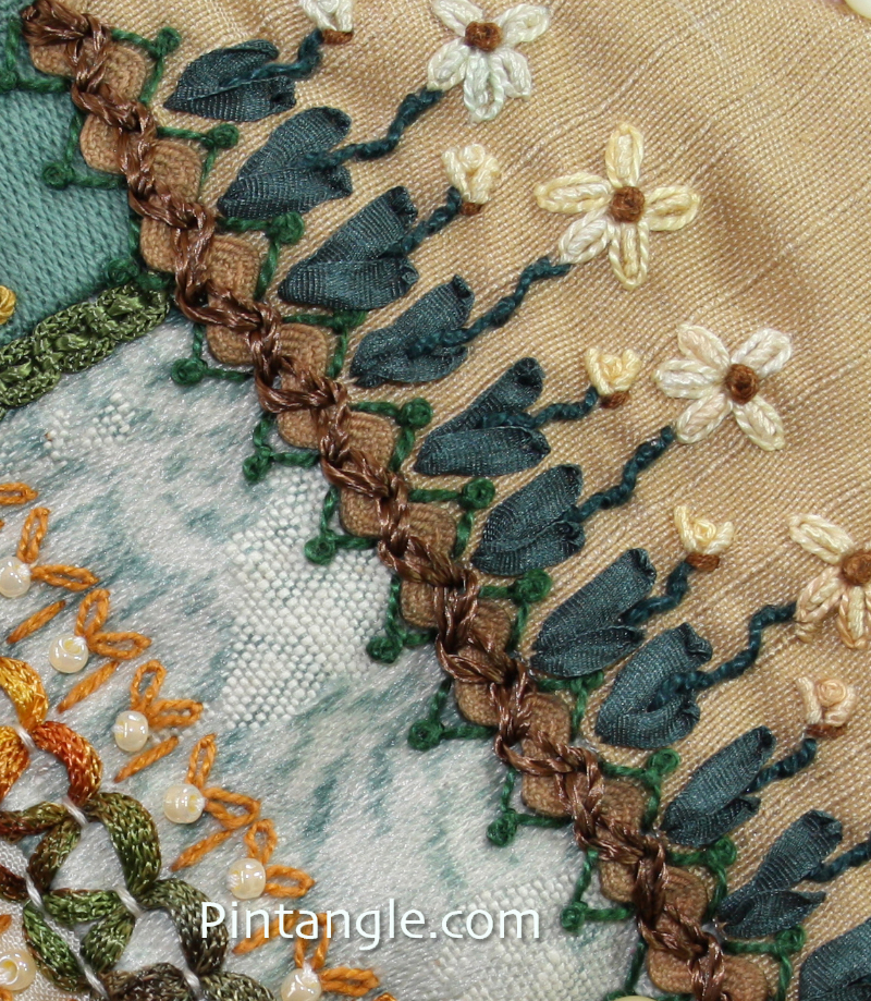 Embroidered ric rac braid demonstrating the idea for embellishing crazy quilt blocks