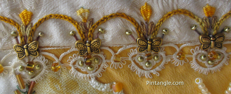 Embroidered tatting demonstrating the idea for embellishing crazy quilt blocks