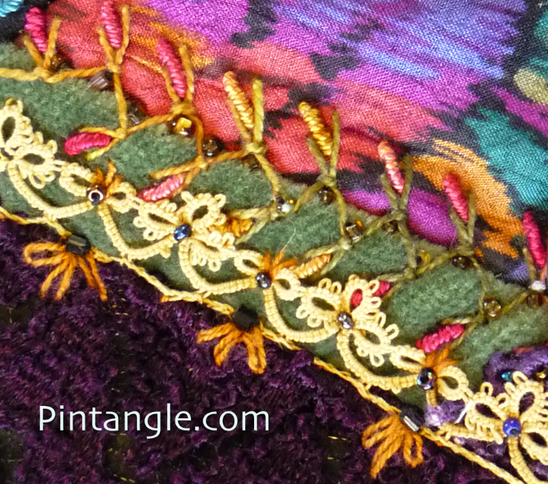 Embroidered tatting demonstrating the idea for embellishing crazy quilt blocks